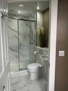 un bagno con wc, doccia e lavandino di Peel House Bed and Breakfast a Girvan Altre 32 foto
