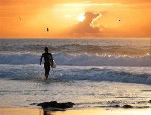 a man walking into the ocean with a surfboard at Occidental Jandía Mar in Morro del Jable