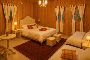 a bedroom with two beds and a chandelier at Aithra Boutique Suites in Tsivlós +18 photos
