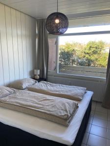 a bedroom with two beds in front of a window at Sfeervol en gezellig gelegen appartement op Texel in De Koog