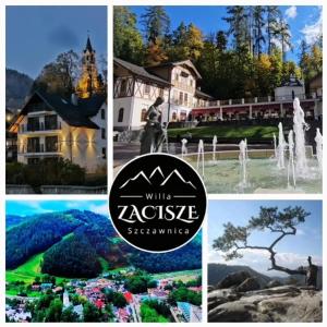 eine Collage mit Bildern eines Parks mit einem Brunnen in der Unterkunft Willa Zacisze Szczawnica Apart in Szczawnica