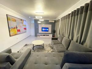 The Aire Flat في لاغوس: غرفة معيشة مع أريكة وتلفزيون