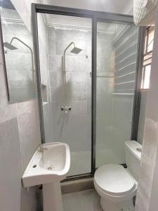 The Aire Flat في لاغوس: حمام مع دش ومرحاض ومغسلة