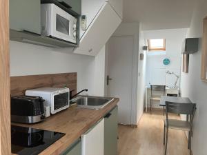 a kitchen with a sink and a microwave on a counter at Studio centre-ville climatisé avec parking gratuit in Clermont-Ferrand