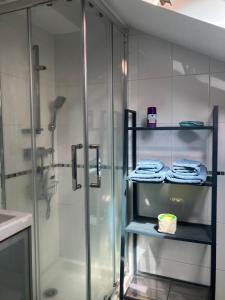 a bathroom with a shower and a rack with towels at Studio centre-ville climatisé avec parking gratuit in Clermont-Ferrand