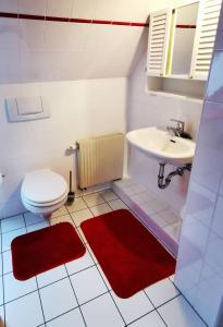 ein Badezimmer mit einem WC, einem Waschbecken und roten Teppichen in der Unterkunft Sünnenkringel in Zingst