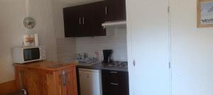 a small kitchen with a microwave and a stove at Nice studio in the heart of Le Monêtier-les-Bains in Le Monêtier-les-Bains