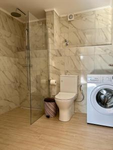 a bathroom with a toilet and a washing machine at Balis House in Theológos