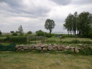 a stone wall in a field with trees in the background at Lütow, Zum Möwenort 15 WE 2 in Lütow