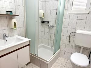 a bathroom with a shower and a toilet and a sink at Apartments Ana & Ita in Novalja
