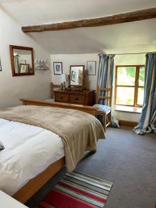 a bedroom with a bed and a desk and a window at Llanerch in Bala