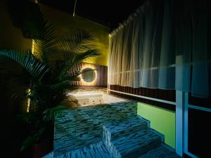 a bath tub in a room with a palm tree at Casa Sol in Naranjito