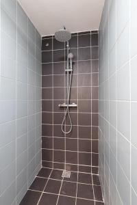 ein Badezimmer mit einer Dusche mit braunen Fliesen in der Unterkunft Le Château Fort 16 in Albertville