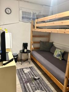 a bedroom with a bunk bed and a desk at Deine Pension, Double Room P1, 1-2 beds, 10qm, Check-in 4PM - 5AM in Creglingen