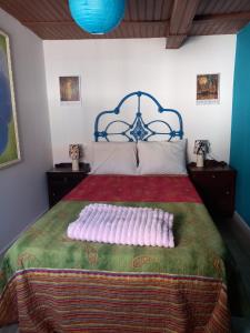a bedroom with a large bed with a red and green blanket at A casa da Touza in Pensos