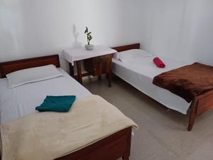 a room with two beds and a table with a plant at Yelona Rest in Galle