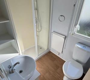 a bathroom with a shower and a toilet and a sink at Seaside Caravan in Leisure Park with WiFi & Parking with decking 2 bedrooms in Rhyl