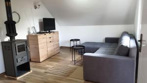 een woonkamer met een bank en een fornuis bij Vila Cosovic in Citići