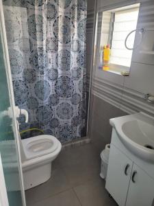 a bathroom with a toilet and a sink and a shower at Geri Apartment in Ksamil