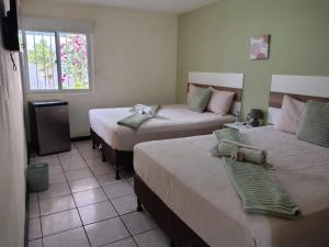 a room with two beds and a tv and a window at Hotel Urban Home in Guatemala +92 photos