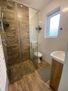 a bathroom with a shower with a toilet and a sink at Pompa Apartman in Nyíregyháza