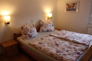 a bedroom with two beds and two pillows at Ferienwohnung Hochwaldblick in Hörnitz