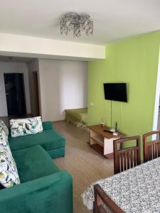 ein Wohnzimmer mit einem grünen Sofa und einem Fernseher in der Unterkunft VIRGO Apartaments Mamaia in Mamaia