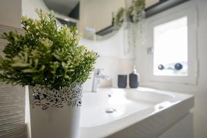 ein weißes Badezimmer mit einem Waschbecken und einer Vase mit Pflanzen in der Unterkunft Le Nid Tourangeau in Tours + 16 Fotos