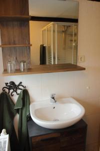 a bathroom with a sink and a mirror at Ferienwohnung Koitscheblick in Hörnitz