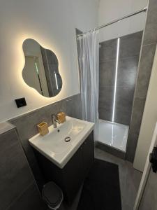 a bathroom with a sink and a shower with a mirror at DLG-STAYS Iserlohn in Iserlohn