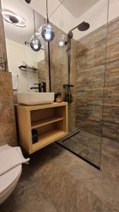 a bathroom with a sink and a shower at Aze - Green Business in Bucharest +12 photos