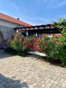 a garden with red flowers and a wooden pergola at Barbat 249 in Barbat na Rabu