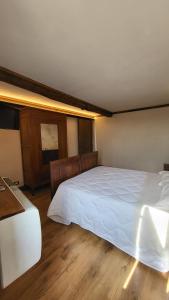 a bedroom with a large white bed and a desk at Il Puledro Impennato - Rifugio del Lago con Vista in Anguillara Sabazia