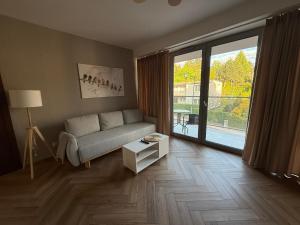 a living room with a couch and a large window at Apartament Forest Elegance in Charzykowy