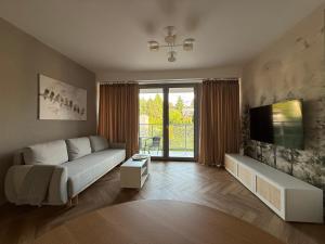 a living room with a couch and a flat screen tv at Apartament Forest Elegance in Charzykowy