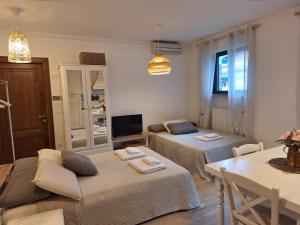 a living room with two beds and a table at Incantevole Appartamento Monolocale Alba 2 in Alba