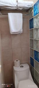 a bathroom with a toilet and towels on a shelf at HOTEL VILLAS XAIBA in Puerto Escondido