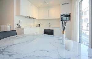a white kitchen with a large marble table and chairs at Awesome Apartment In Oostende With Wifi in Ostend +13 photos