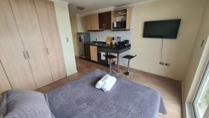 a room with a bed and a kitchen with a television at Departamento Estudio Central in Temuco