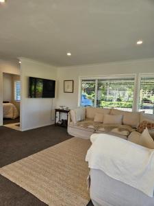 a living room with a couch and a flat screen tv at Hamilton 3 bedroom country home 4m from city in Hamilton