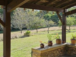 three potted plants sitting on a stone wall under a pergola at Gîte 8 personnes avec cheminée et SPA à Biron - FR-1-616-481 in Biron