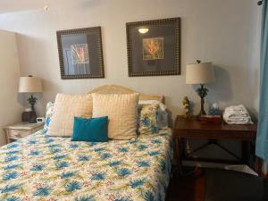 een slaapkamer met een bed met kussens en een tafel bij Blue River Breeze Guest Suite in Daytona Beach +27 foto's