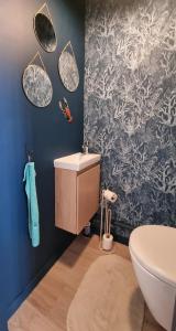 ein Badezimmer mit einem weißen WC und einer blauen Wand in der Unterkunft Chez Marie, Plage 420m, Batz sur Mer, 2 pers, BB -9m in Batz-sur-Mer + 22 Fotos