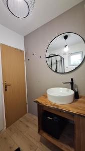 a bathroom with a white sink and a mirror at Ferienwohnung mit 180° Meerblick (nähe Opatija) in Dobreć +33 photos