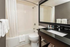 a bathroom with a sink and a toilet and a mirror at Comfort Inn in Ottawa +37 photos