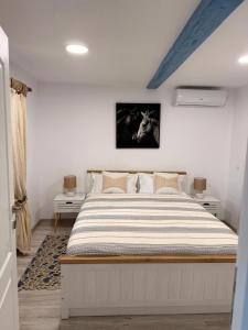 a bedroom with a large bed with a striped comforter at Casa lui Matei Murighiol#2 in Murighiol +56 photos