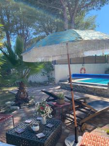 een patio met een parasol en een zwembad bij Belle suite Un petit voyage au calme à 10 mnCV de Béziers entrée indépendante in Béziers