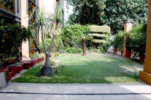 a garden with palm trees and plants in a building at Herfa INN Hotel Lahore in Lahore