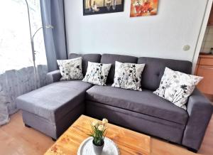 un sofá gris en una sala de estar con mesa en BodenSEE Apartment Wasserburg Sonnhaldenstraße, en Wasserburg 12 fotos más