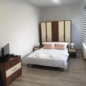 a bedroom with a bed with two pillows and a television at Apartman D&S in Novi Sad